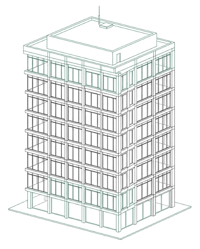 Plan architectural wireframe d'un immeuble corporate supervisé par Gueex IT